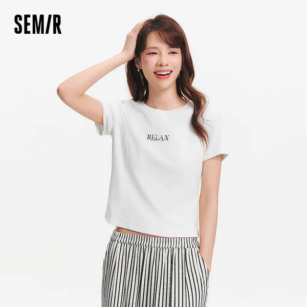 អាវយឺតនារី Semir ឆ្នាំ ២០២៦ រចនាប័ទ្មខ្លីអក្សរបំបែកស្តើងប៉ាក់ស្មាធម្មតាស្លីមសមធម្មតាទន់ពាក់ប្រចាំថ្ងៃ