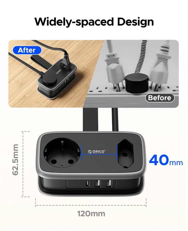 ORICO EU Plug Travel Power Strip with 2AC 3USB Port 1.1M Extension Cable 5-In-1 Charging Smart Socket for Home/Travel Save Space