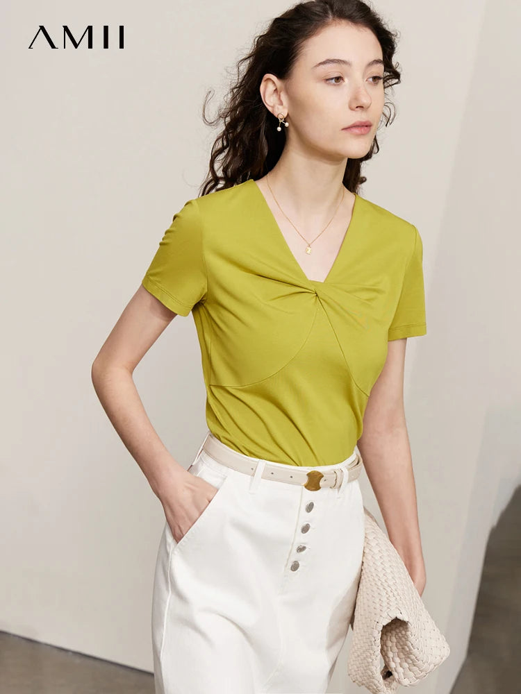 AMII Minimalism T-shirt for Women 2026 Summer New Sleeve Slim Design V-Neck Modal Cotton White Top Bottom T-shirts 12342212