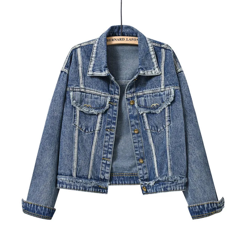 2026 New Women's Blue Denim Jacket, Single-breasted Lapel Long-sleeved Coat, Fashion Casual Female Tops