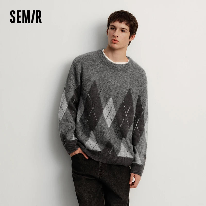 Semir Knitted Sweater Men Winter Faux Mohair Plaid Jacquard 2025 New Retro Preppy Style Couple Outfit Men'S Wear