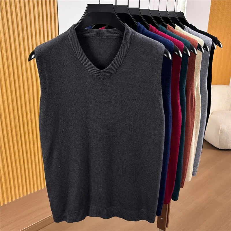 Fall Mens V Neck Knitted Waistcoat Sleeveless Sweater Vest Comfortable Knit Top For Business Daily Outfit Matching