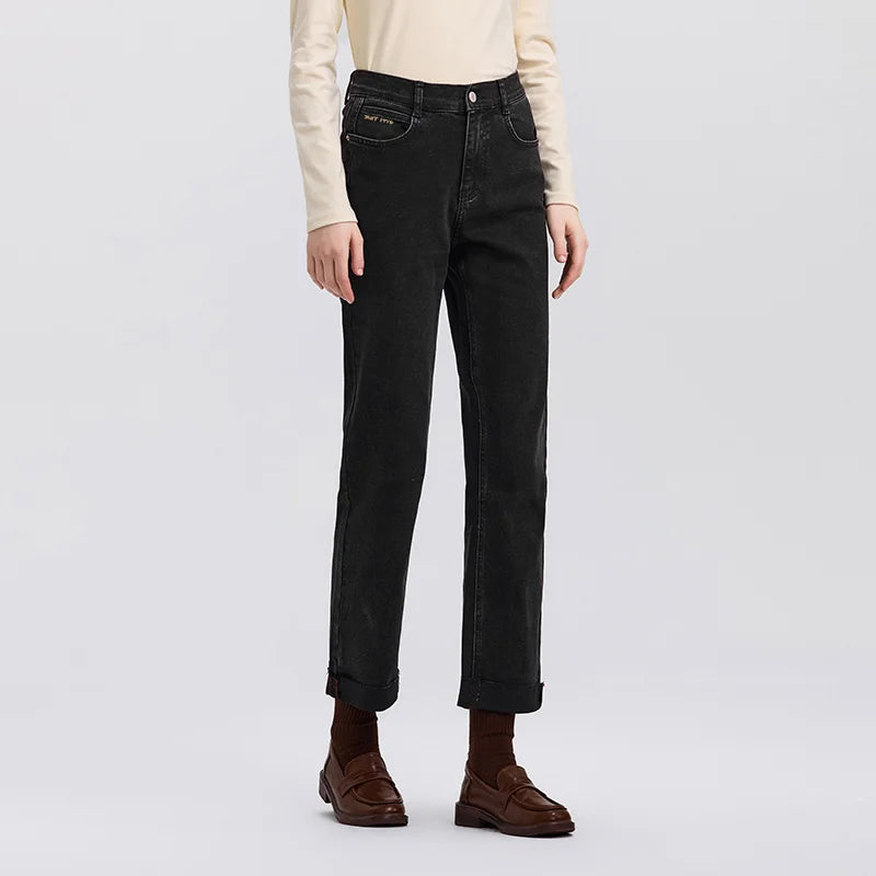 Semir Soft Jeans Women Raw Hem Straight Leg Egg Roll Pants Leg Slimming Trousers 2026 Spring Fashion Casual Bottoms