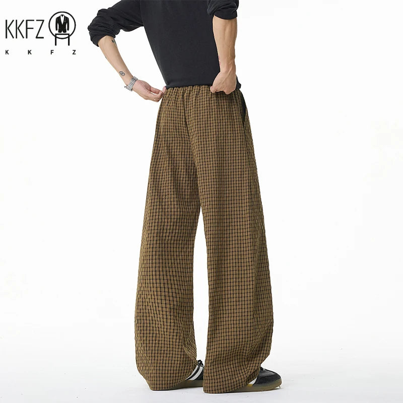 Men Relax Tapered Grid Pants Elastic Drawstring Waist Wrinkled Fabric Loose Baggy Cut Daily Casual Bottoms