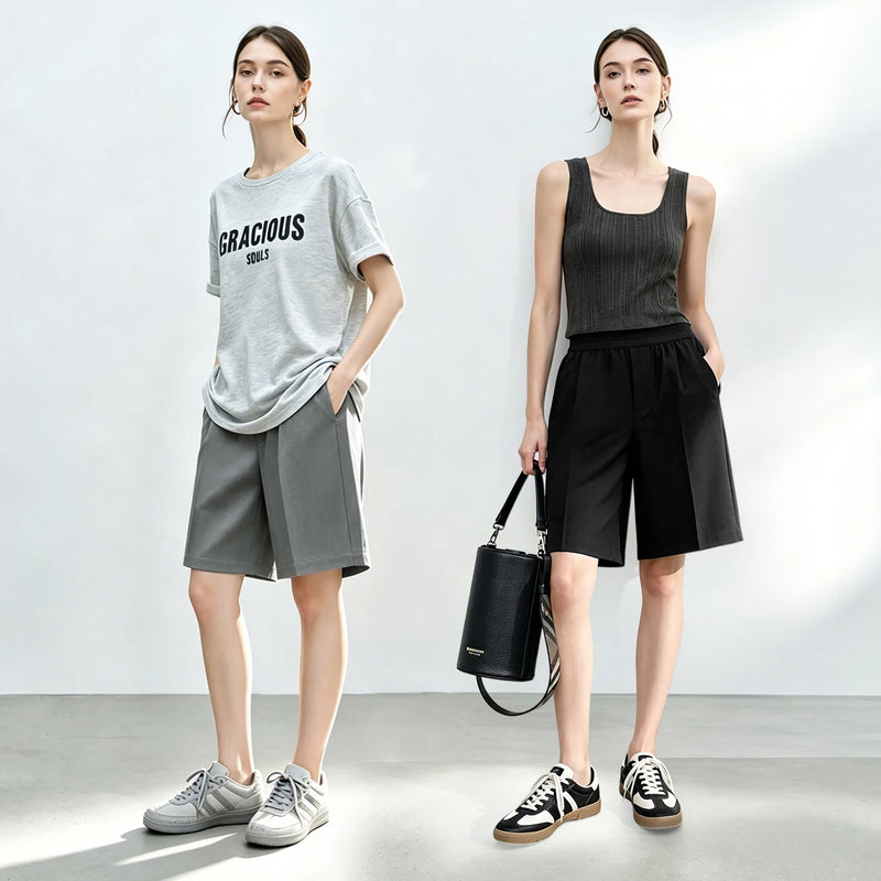 Amii Women’s Shorts 2026 Summer New Cutout Elastic Waist Wide Leg Pants Loose Simple Office Casual Women's Clothing 12622158