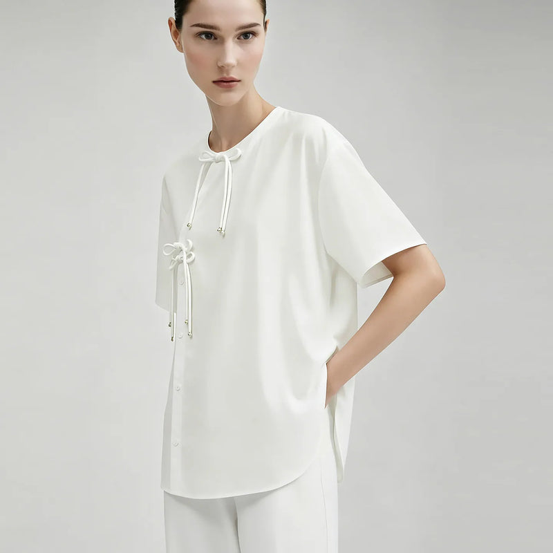 Amii Women's Shirt 2026 Summer New Chinese Style Cotton Blouse Oversized Frog Button Short Sleeve Women's White Shirt 12642122