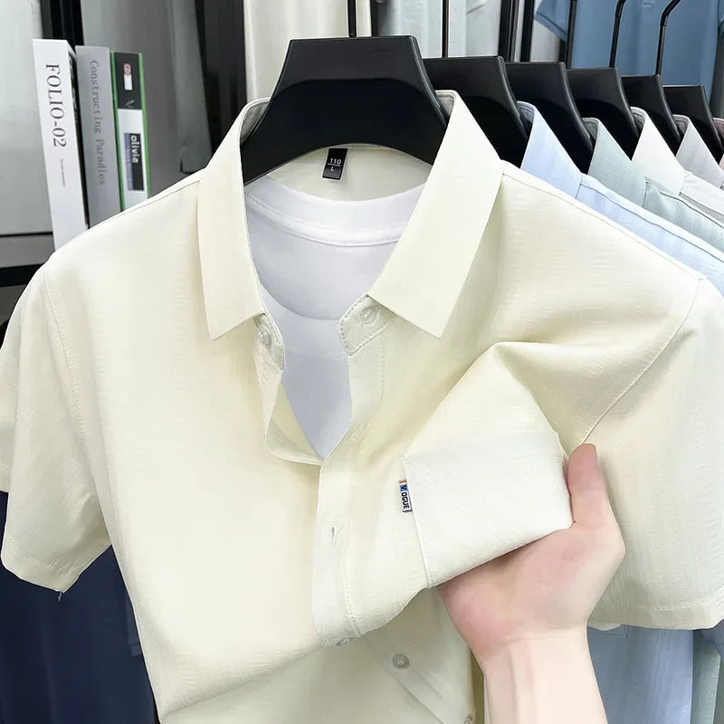 Mens Short Sleeve Shirt Casual Regular Fit Button Up Lapel Collar With Pocket Soft Breathable For Business Weekend Wear