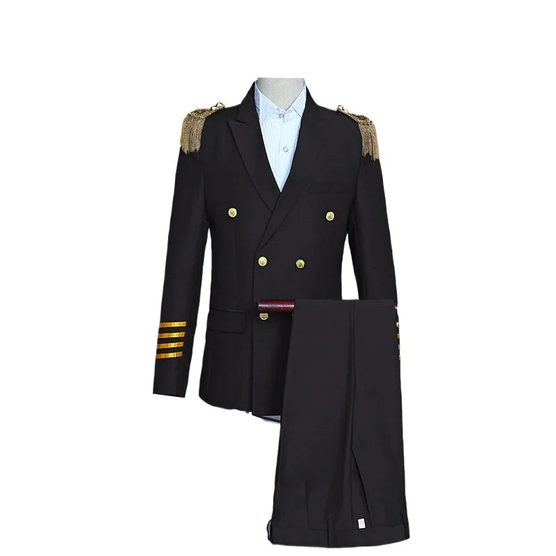2026 Men's Slim Fit Captain Uniform Two-Piece,Navy Double-Breasted Jacket with Gold Buttons&Epaulettes for Pilot,Stage, Wedding