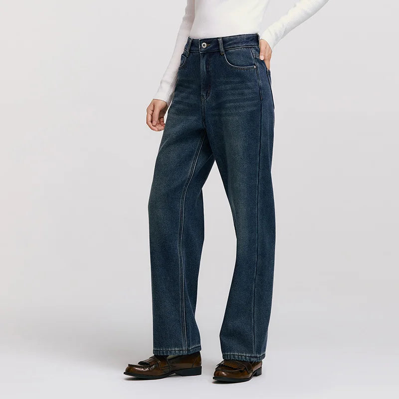 Semir Wide Leg Jeans Loose Fit Fleece Lined Women 2025 Winter Retro Style Casual Fashion Long Denim Comfortable Pants