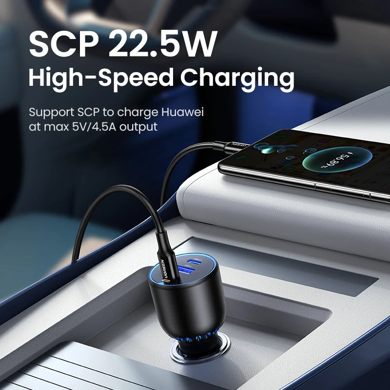 UGREEN 130W USB C Car Charger For Xiaomi iPhone 18 Samsung Galaxy S25 Laptops Tabet PD3.0 Fast Charging USB Type C Car Charger