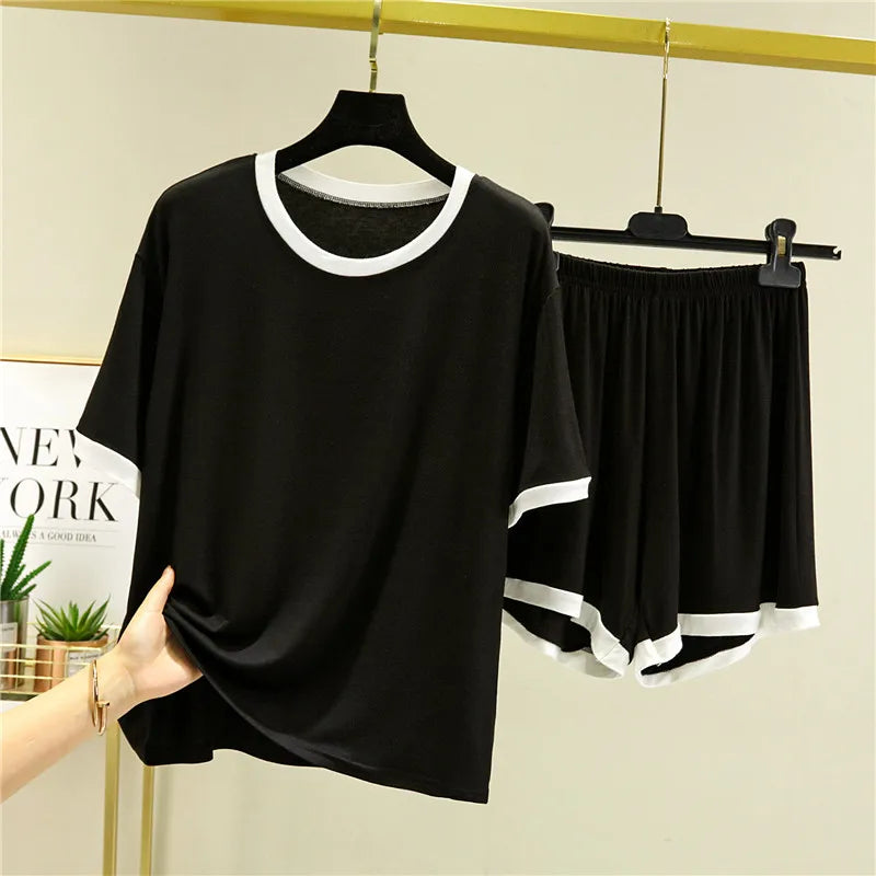 Fdfklak Summer Pajamas Women New Two-Piece Set Modal Round Neck Short-Sleeved Shorts Suit Casual Home Clothes Outside Wear