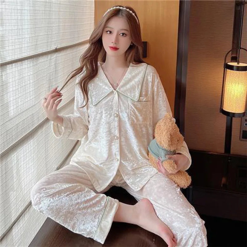 New Elegant Lapel Winter Pajamas Women Warm Gold Velvet Bead Buttons Long Sleeve Tops Pant Set Pyjama Pour Femme Home Clothing