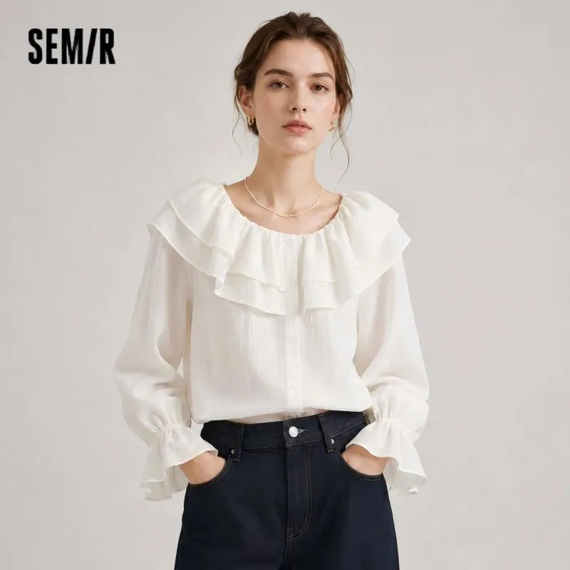 Semir Women Shirt Ruffle Lantern Sleeve Textured Petite Sweet French Style 2026 Summer Casual Fashion Versatile Top