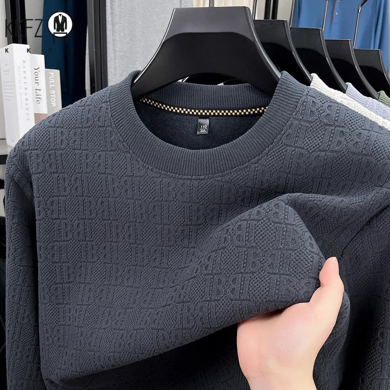 Men Thick Fleece Lined Knit Pullover Long Sleeve Crew Collar Full Embossed Letter Relax Fit Daily Wear Top