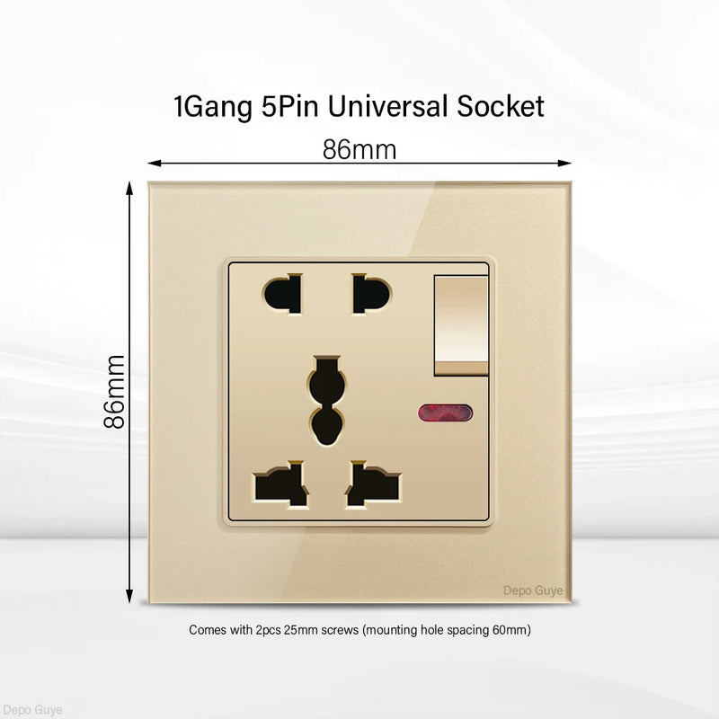 Gold UK 13A Tempered Glass Dual Socket,Universal Power Outlet With USB Type C 18W Quick Charge,Home Light Electric Switch Panel