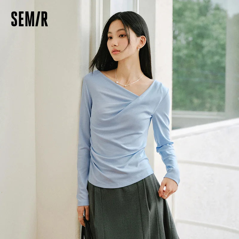Semir Slim Fit Tshirt Women 2026 Spring Short Asymmetric Neck Oblique Shoulder Solid Color Casual Fashion Stylish Top