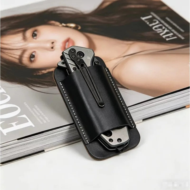 1pc Portable EDC Folding Knife Sheath, Genuine Leather Belt Mount Holder, Anti-Loss Wearproof Waist Pouch for Daily Outdoor Use