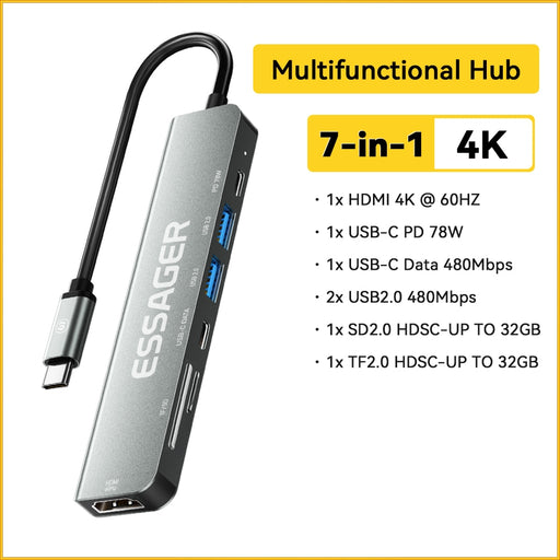 Essager USB HUB 7 in 1 USB C HUB PD60W USB Type C to Multi USB 3.0 Adapter for MacBook Pro Air Huawei Mate 30 USB-C 3.0 Splitter CN 78W
