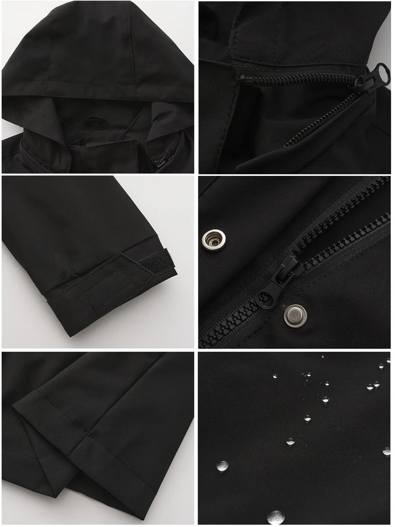 Women's Black Waterproof Hooded Jacket for Spring and Fall; The Hood Is Detachable; Available in Green, Red, Blue, Off-white.
