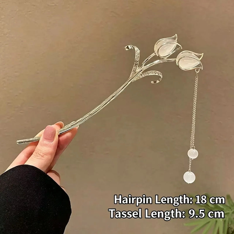 New Chinese Style Flower Tassel Hairpin, Pearl Hair Stick, Elegant Vintage Hair Fork Women Wedding Hair Accessory