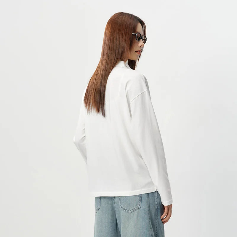 Semir Women Polo Shirt White Long Sleeve Loose Printed Minimalist Lazy Versatile Pullover 2026 Summer Top