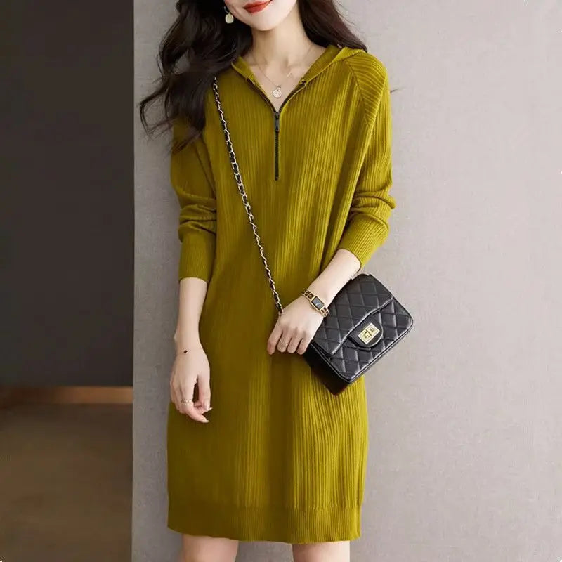 New Hooded Sweater For Women Short Dress Fashion Zipper Spring Autumn Long Sleeve Female Knitwear Jumper Woolen Pulls Femmes