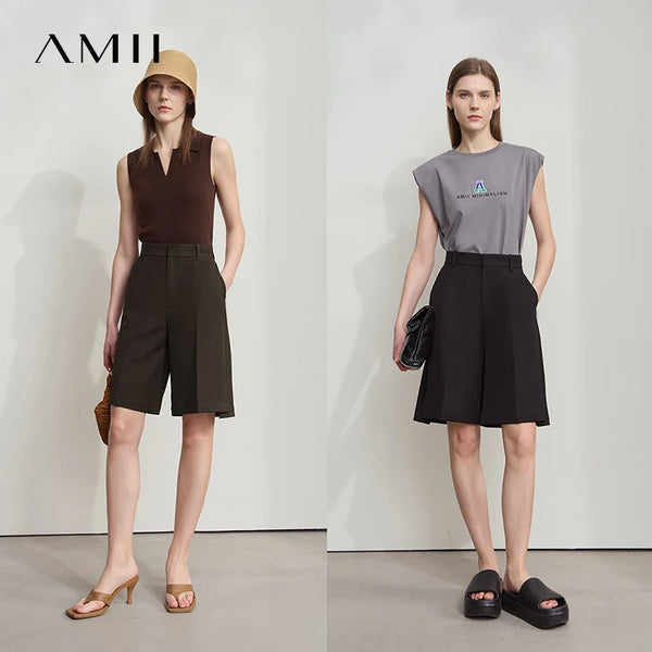 Amii Minimalist Straight Shorts for Women 2026 Summer Solid Commute Suit Shorts Pocket Loose Casual Five-point Pants 12512015