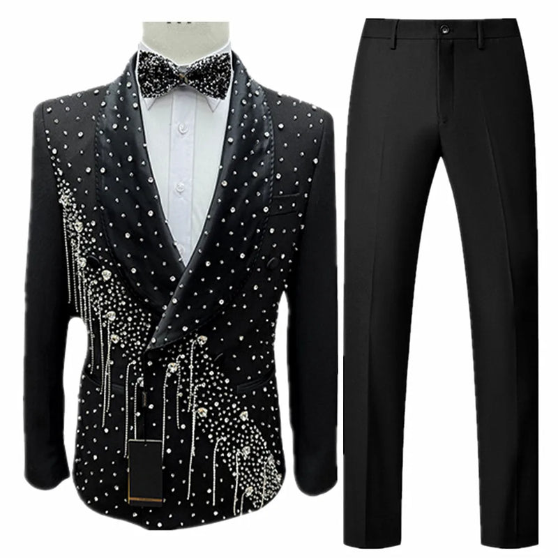 Men’s White Sequin & Crystal Embroidered Shawl Collar Blazer + Vest + Black Slim Fit Trousers - Dazzling Formal Suit Set