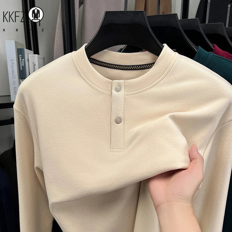 Male Comfort Henley Pullover Long Sleeve Thermal Fabric Two Button Front Breathable Travel Casual Garment
