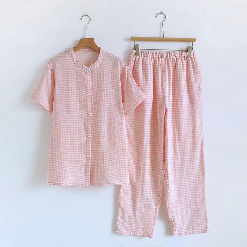 Plaid Sleepwear Clothes For Men's and Women's Cotton Summer Short Sleeved Long Pants Two-Piece Pajamas Set Couple Home Clothes