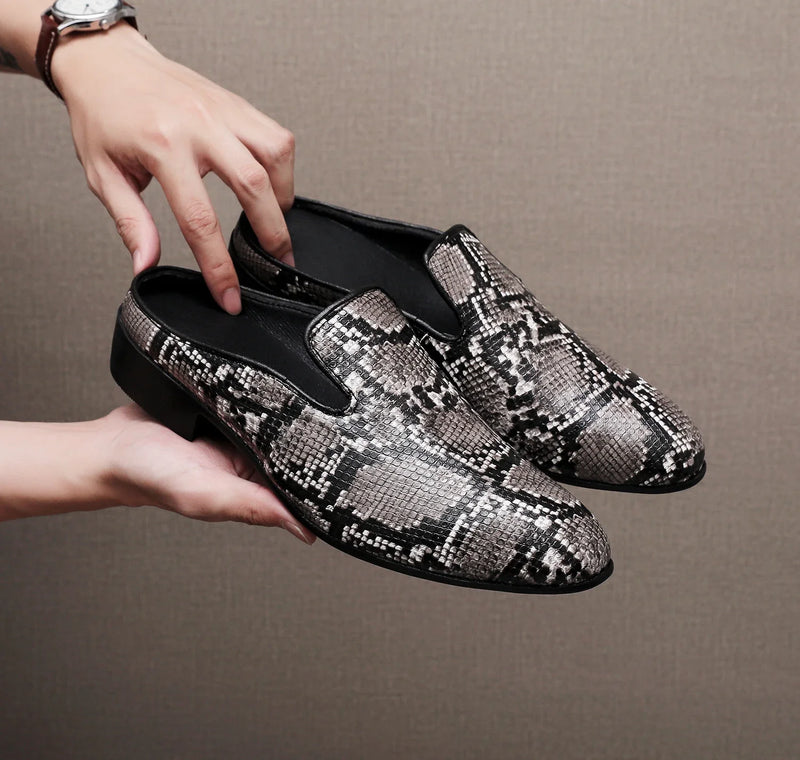 Big Size Mens Backless Mules Pointed Toe Slip on Loafers Men Low Heel Python Pattern Half Slippers Party Dress Shoes