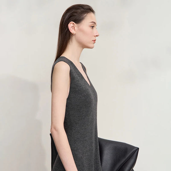 AMII Womens Dresses 2026 Autumn New Casual Elegant Ladies Clothing V-neck Sleeveless Knitted A-shaped Dresses For Woman 12543159