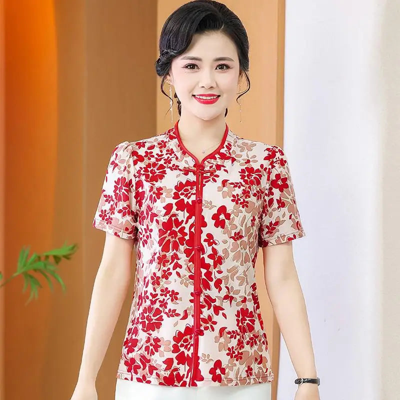 អាវយឺតដៃខ្លីបោះពុម្ពម៉ូដសម្រាប់នារីរដូវក្តៅធម្មតា កអាវឈីប៉ាវបែបវីនថេច សម្រាប់សម្លៀកបំពាក់នារី