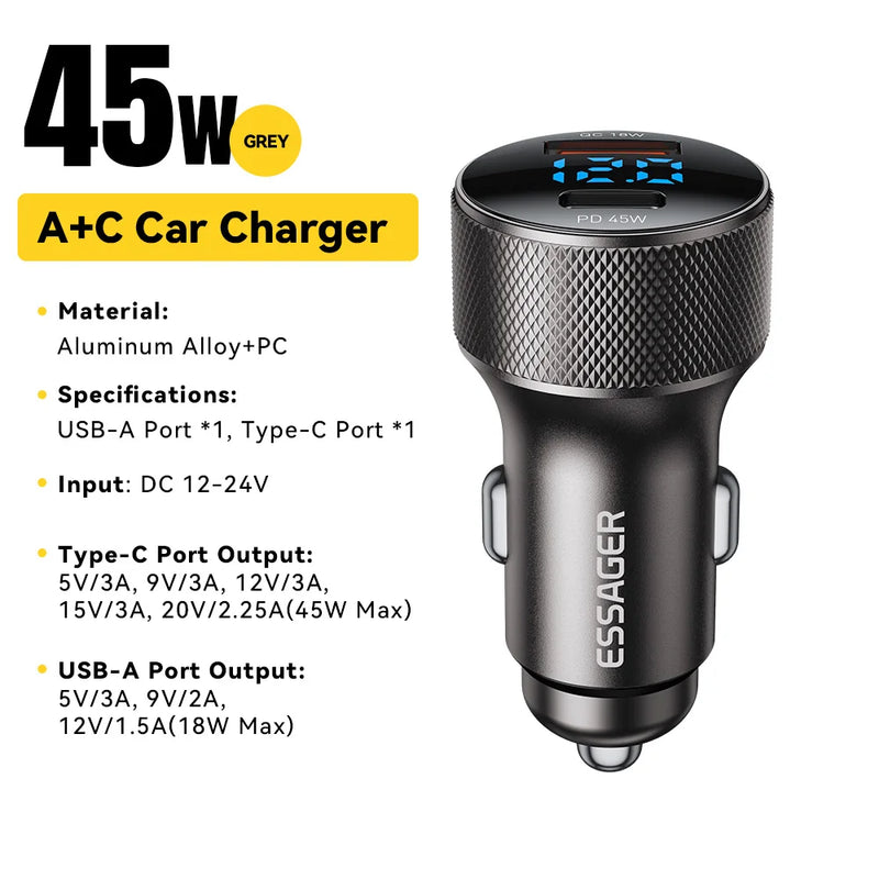 Essager USB C Car Charger 45W 2 Ports PD3.0 QC3.0 Digital Display Car Phone Charger For iPhone 16 15 Xiaomi Huawei Samsung OPPO