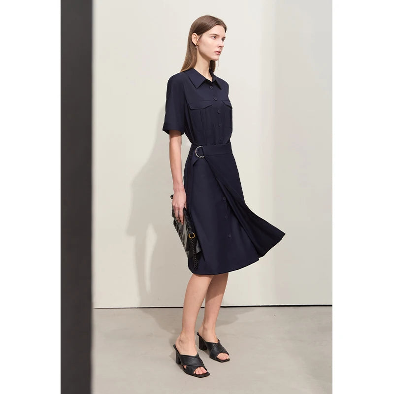 រ៉ូប Amii Minimalism Women រដូវស្លឹកឈើជ្រុះឆ្នាំ ២០២៤ រ៉ូបថ្មី Lapel False Two-piece រចនាប័ទ្ម Safari ដៃខ្លីសម្រាប់នារី ខ្សែរ៉ូប Retro 12441222