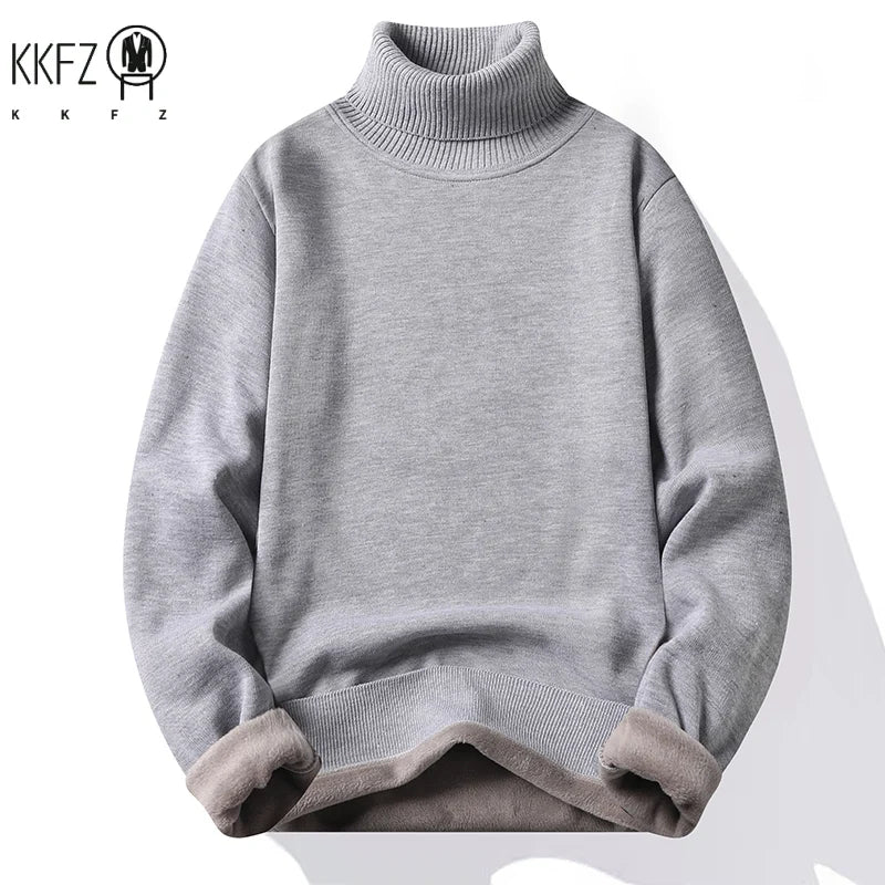 Male Long Sleeve Turtleneck Knit Top Thick Fleece Lining Warm Thermal Pullover Loose Fit Daily Casual Basic Clothes