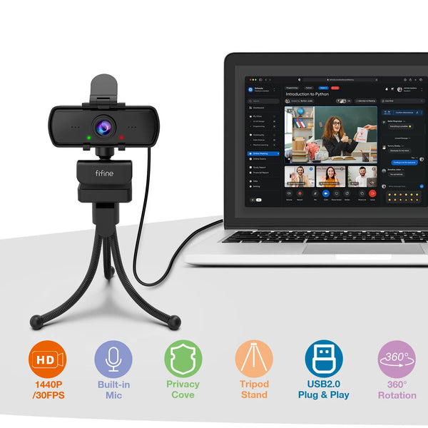 FIFINE 1440p HD PC គ្រឿងកុំព្យូទ័រជាមួយមីក្រូហ្វូន ជើងកាមេរ៉ា សម្រាប់កុំព្យូទ័រលើតុ និងកុំព្យូទ័រយួរដៃ USB ការផ្សាយផ្ទាល់គ្រឿងកុំព្យូទ័រសម្រាប់ការហៅជាវីដេអូ-K420
