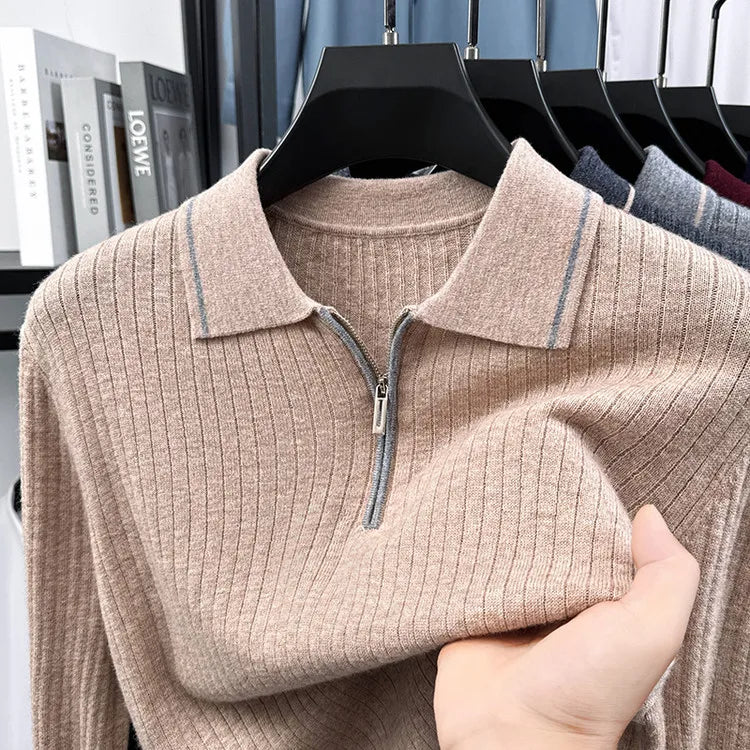 100% Cashmere Wool Sweater, Semi-Zip Placket Ribbed Texture, Soft Non-Irritating, 7 Colors M-4XL Business Casual