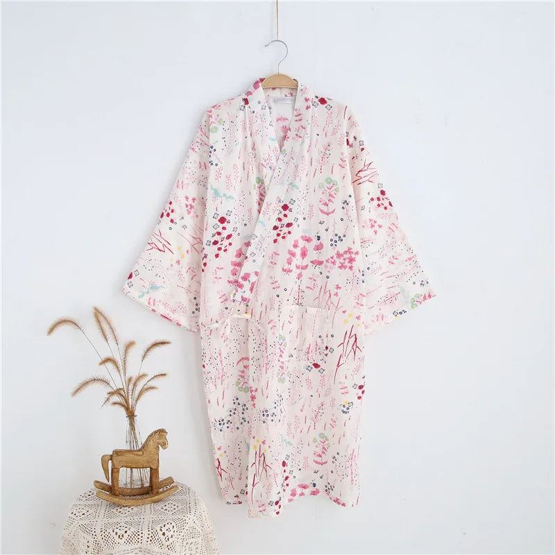 Print Long Sleepwear Loungewear Nightdress Bathrobe Women's Shower Cotton Gauze Nightgown Kimono Cotton Pajamas Cardigan