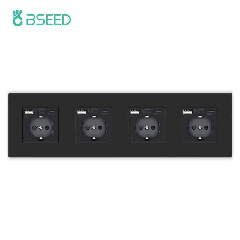 BSEED EU Standard Wall Socket Single Power Outlets USB Type-C Port 20W Fast Charge Plastic Panel Triple Electric Plugs 16A