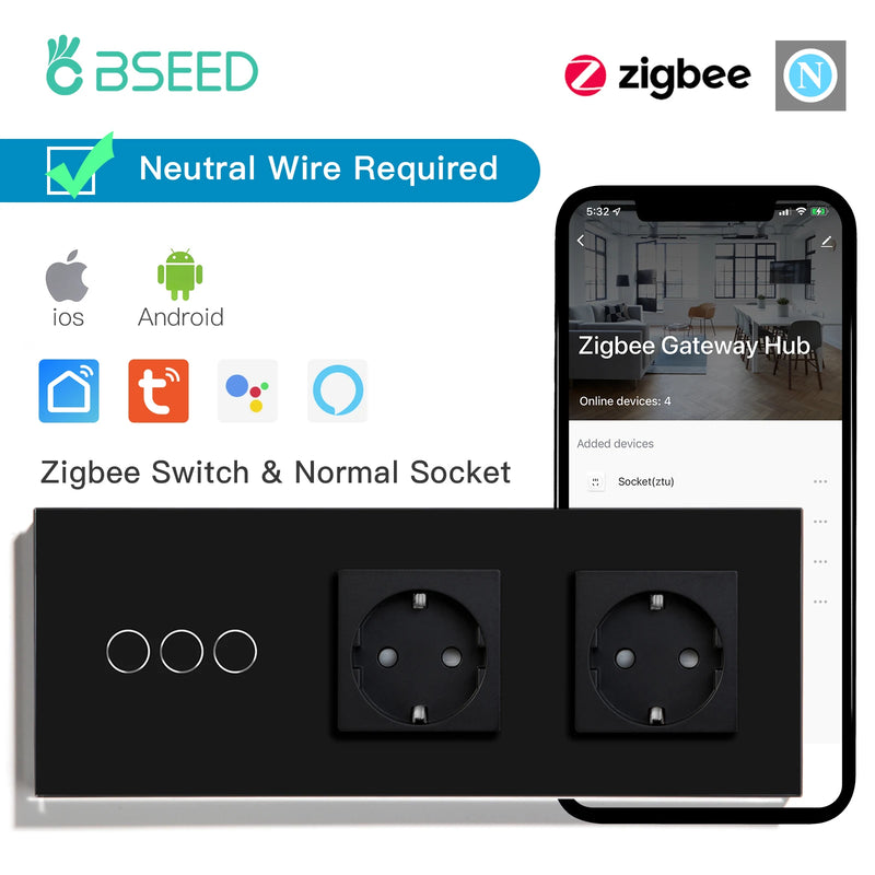 BSEED Zigbee Touch Switch 1/2/3Gang 2/3Way Smart Wall Switch Plus EU Socket Tuya Google Home App Alexa Control Need Neutral Wire