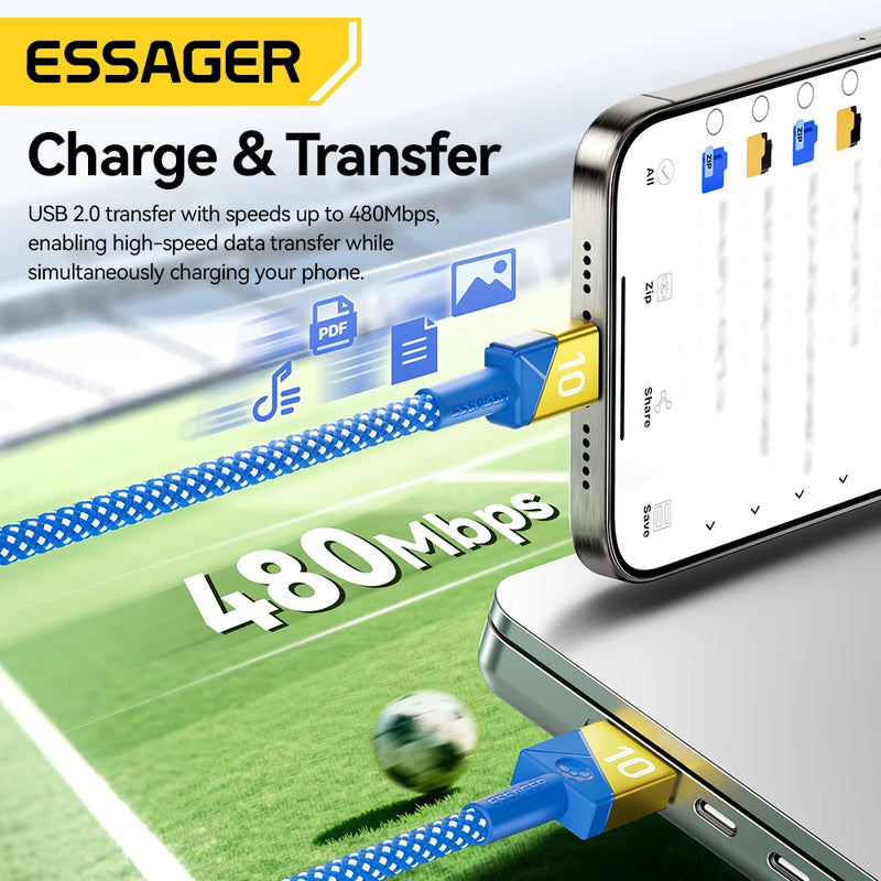ខ្សែសាក ESSAGER 100W 5A USB C ទៅ USB C សម្រាប់ iPhone 17 16 15 14 Pro Max MacBook iPad Laptop សាកថ្មលឿន ក្រុមបាល់ទាត់ ពណ៌ ខ្សែ