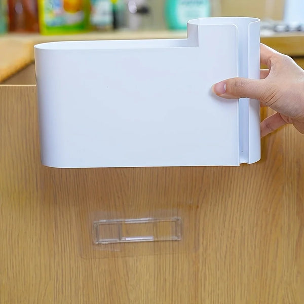 1pc Wall-Mounted Dual-Compartment Trash Bag Organizer - Plastic Kitchen Cabinet Door Storage Box,Space-Saving Design.