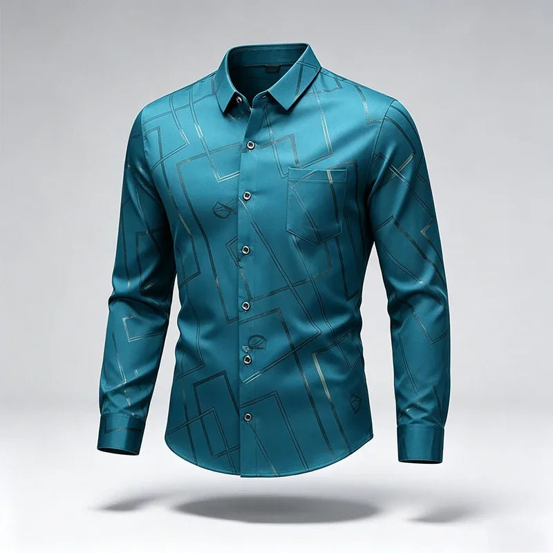 Mens Slim Long Sleeve Dress Shirt Soft Silky Fabric Classic Turn Collar Button Placket Daily Working Casual Outfit