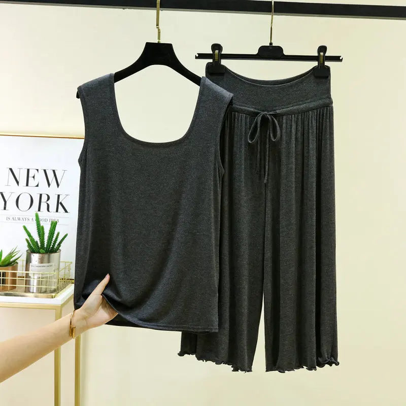 Plus Size Modal Sleepwear Home Clothes Double U-neck Vest Loose Cropped Pants Set Drawstring Lace-up Women's Pajamas M-6XL