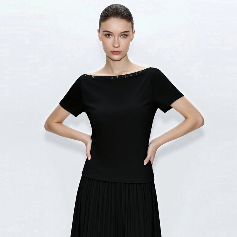 Amii Off Shoulder Women's T-Shirt 2026 Summer New Short Sleeve Stretch Cotton Tee Casual Solid Versatile Top For Women 12612008