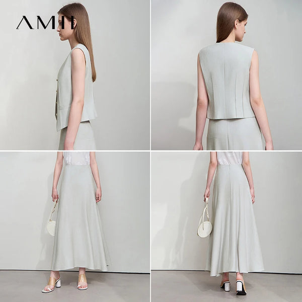 អាវក្រៅក V បែប Minimalist សម្រាប់នារីការិយាល័យរដូវក្តៅ AMII អាវកាក់រឹង សំពត់វែងដាច់ដោយឡែកពីគ្នា សម្លៀកបំពាក់នារី 12542277