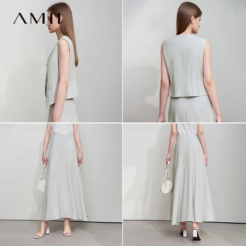 អាវក្រៅក V បែប Minimalist សម្រាប់នារីការិយាល័យរដូវក្តៅ AMII អាវកាក់រឹង សំពត់វែងដាច់ដោយឡែកពីគ្នា សម្លៀកបំពាក់នារី 12542277