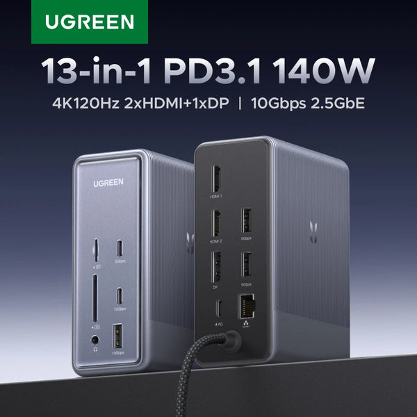 UGREEN 13-in-1 USB C HUB Docking Station DisplayPort 4K120Hz 2xHDMI 2.5G RJ45 USB3.2 10Gbps Data PD140W Charging for Laptop PC