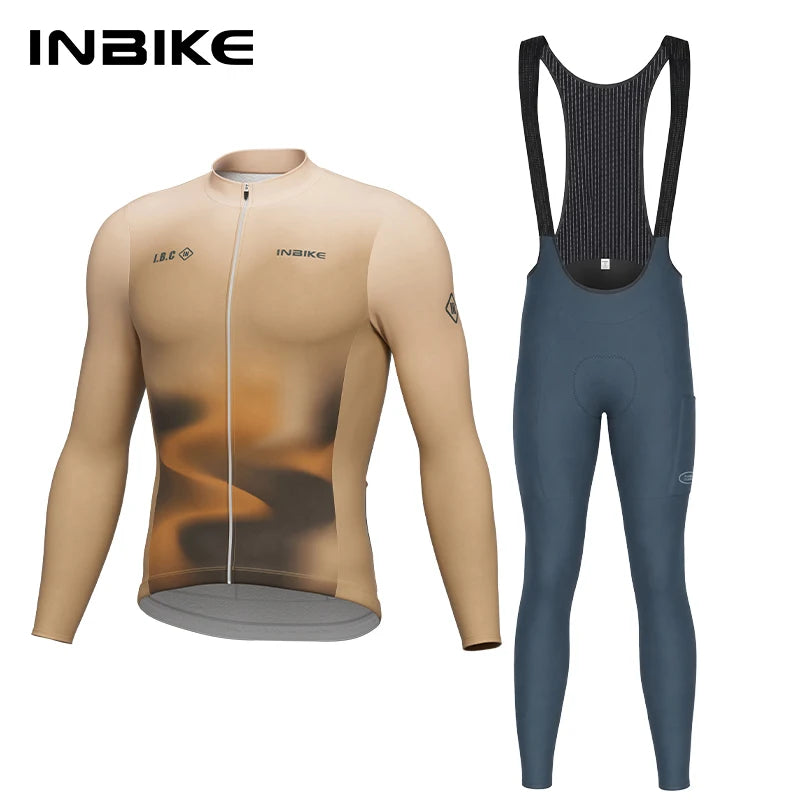 INBIKE Men‘s Winter Thermal Fleece Cycling Jersey and Bib Pants Set Long Sleeve Breathable Padded Road Bike Suit MTB Clothing
